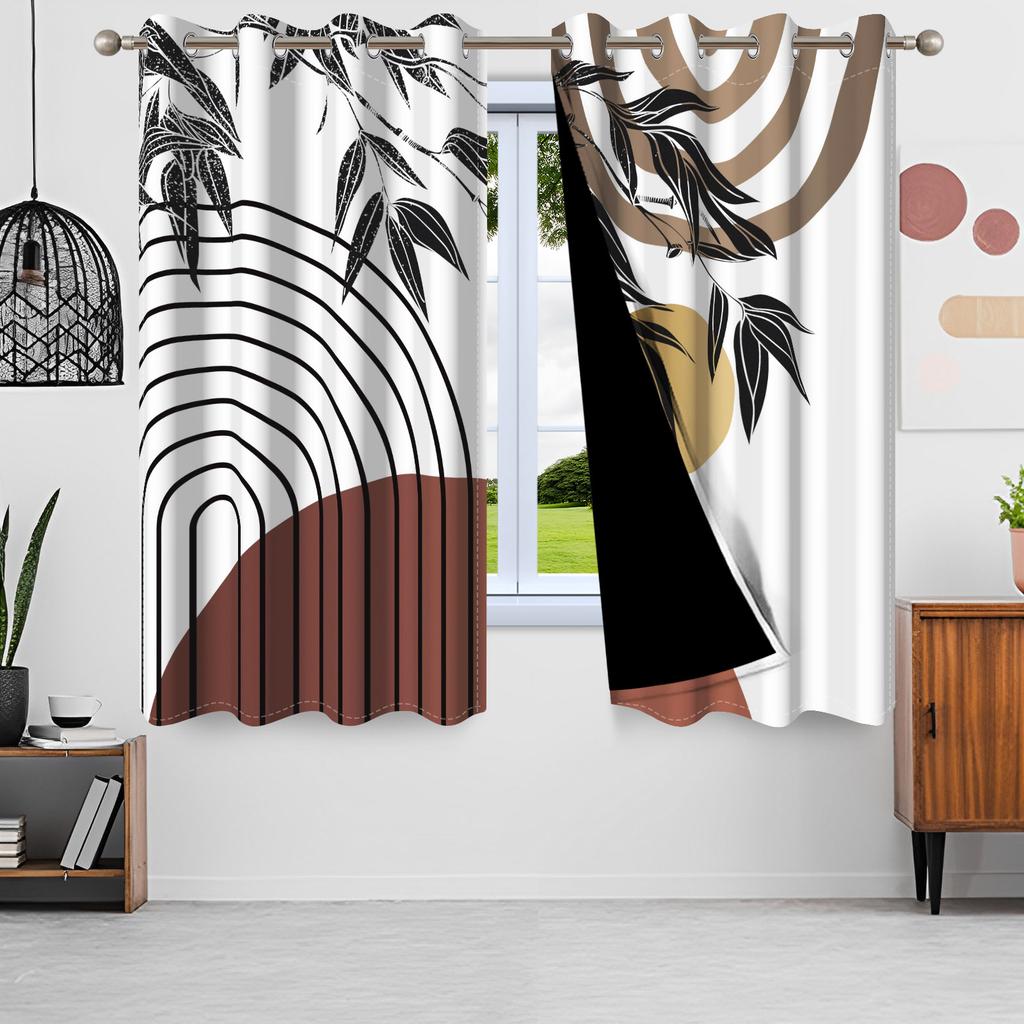 2pcs Nordic Style Blackout Curtains Green Leaves Moon Window Curtains Sun Simple Minimalism Nordic Lines Home Interior Curtains