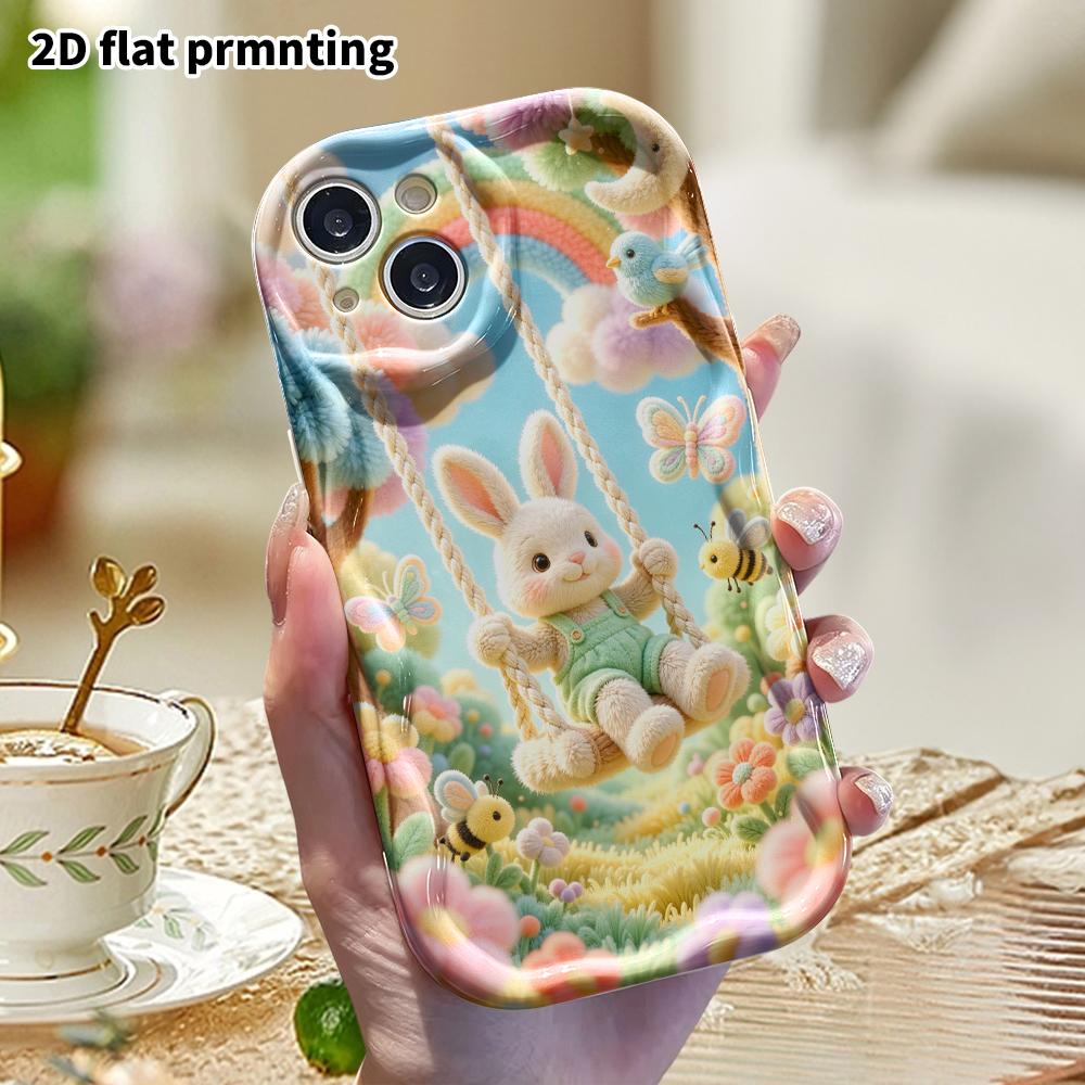Phone Case: 2D Flat Design Suitable for iPhone 18 17 16 15 14 13 Pro Protective Case, Little Bunny On a Swing, Perfect Christmas and Halloween Holiday