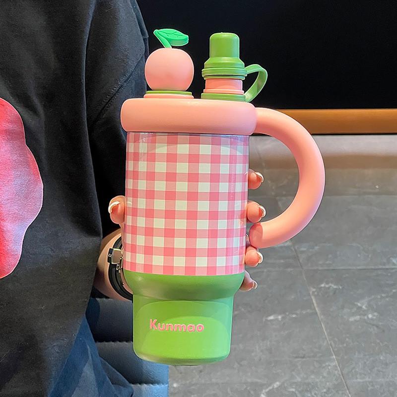 Thermos mit großer Kapazität, doppelwandig aus Edelstahl, mit Strohhalm für Kinder und Erwachsene