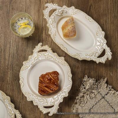 French Ceramic Double-Handled Embossed Oval Dessert Plate - High-End Retro Tableware