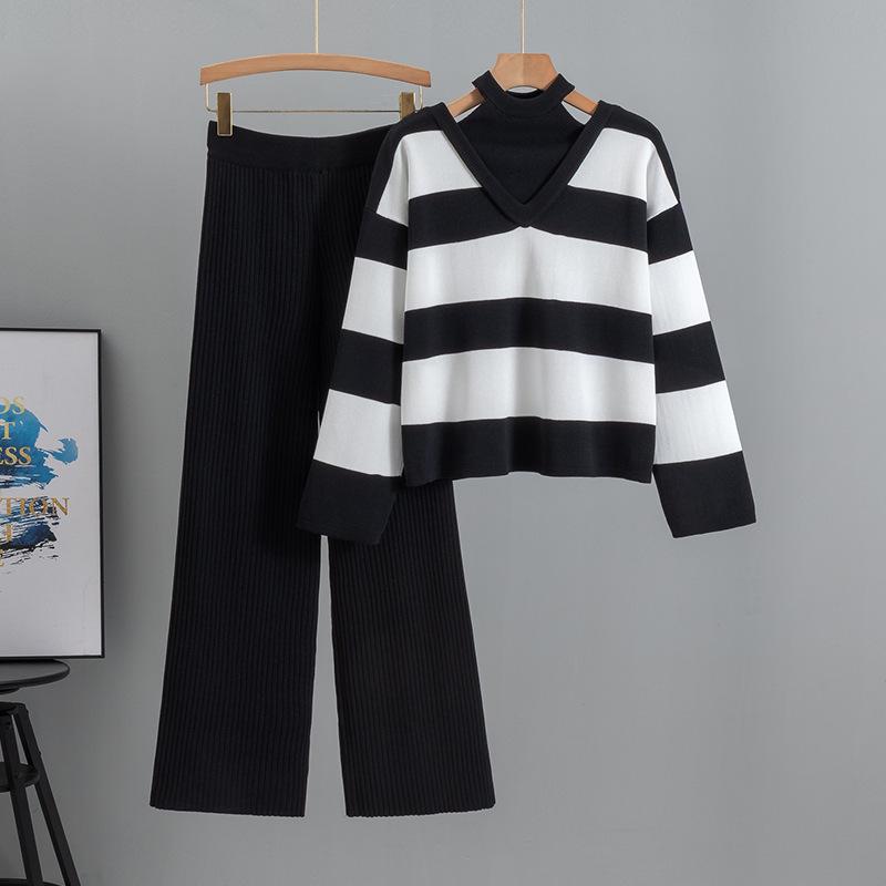 

Women s Autumn/Winter Halter Neck Knit Sweater & Wide-Leg Pants Set One Size чёрный