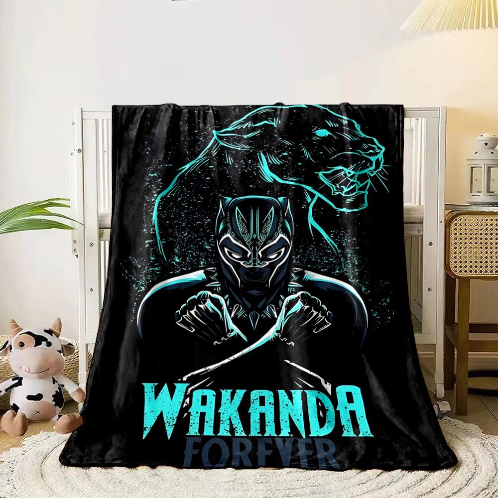 

A Black Panther character with crossed arms and glowing panther outline. for all seasons blanket lunch break throw gift 80cm x 120cm