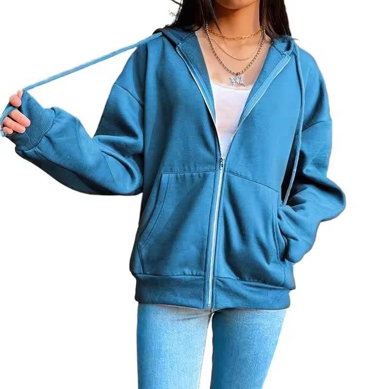 

2024 Solid Color Hooded Sweatshirt - Long Sleeve American Street Style Loose Zipper Cardigan Top Small