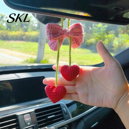 Heart-shaped Car Pendant Crochet Heart Hanging Decor, Knitted Bowknot Love Charm for Rearview Taxi Mirror, Cute Accessory Bag Purse, Valentine's