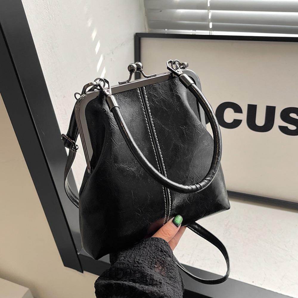 Elegant Kiss Lock Shoulder Bag Large Capacity PU Leather Chinese Style Crossbody Bag Solid Color Retro Vintage Women's Handbag