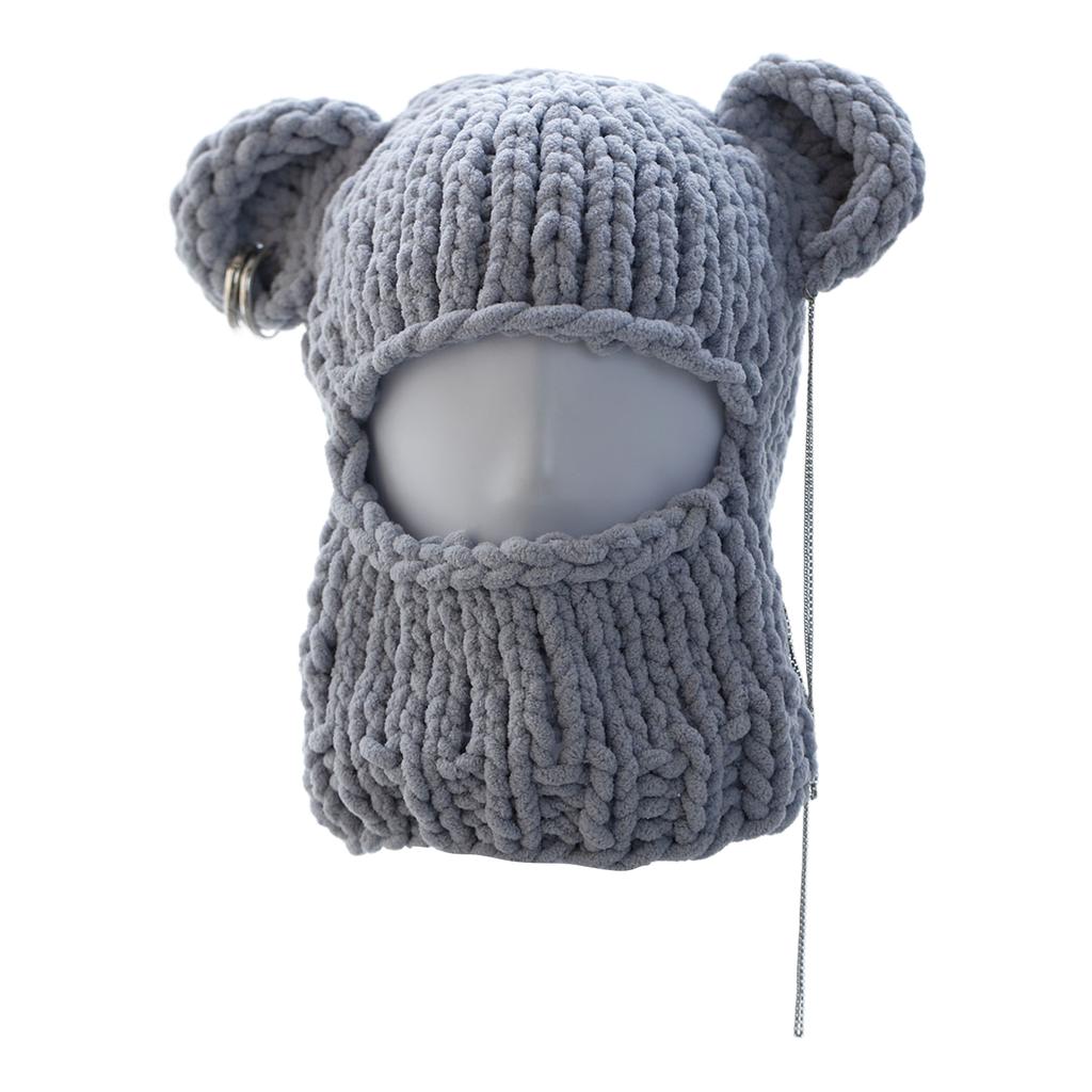 Knitting Balaclava Cap for Women Cute Bear Ears Plush Beanie Hat Handmade Face Cover Hat Crochet Hooded Hat for Party
