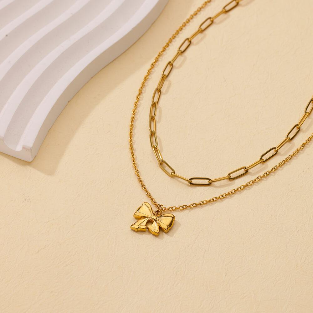 Stainless Steel Bowknot Pendant Necklace For Women Fashion Gold Color Clavicle Chain Bow Tie Necklaces Party Birthday Jewelry