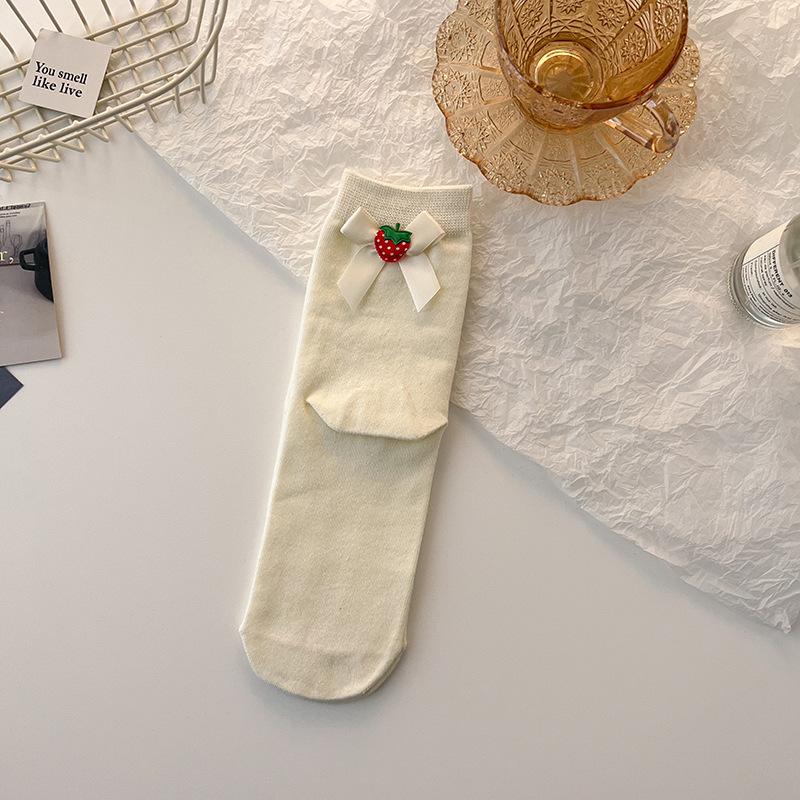 

Хлопковые носки с клубничными бантами в стиле Лолиты, в стиле колледжа, белые носки до середины икры, однотонные черно-белые 1 pair кремовый