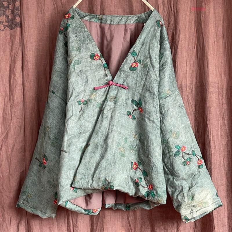 Johnature Frauen Vintage Print Floral Parkas V-ausschnitt Langarm Warme Herbst Mäntel Leinen Chinesischen Stil Single Button Parkas