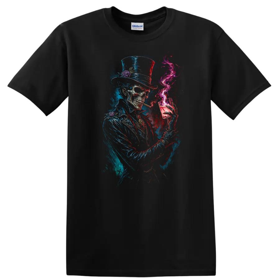 Skeleton T Shirt Gothic Skull in Top Hat with Drink and Smoke Tee