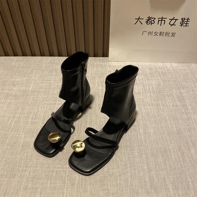 Fashion Design Sensation Black Sandals Women 2025Summer Square Head Thick Heel Bootie Hollow Out Side Zipper Toe Short Boot Korean Style