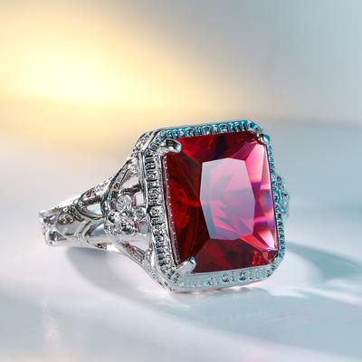 Creusé Sculpture Fleurs Bagues de Mariage Pour Femmes Couleur Argent Bague de Fiançailles de Mariée Rubis Carré Rouge Bijoux Élégants de Luxe