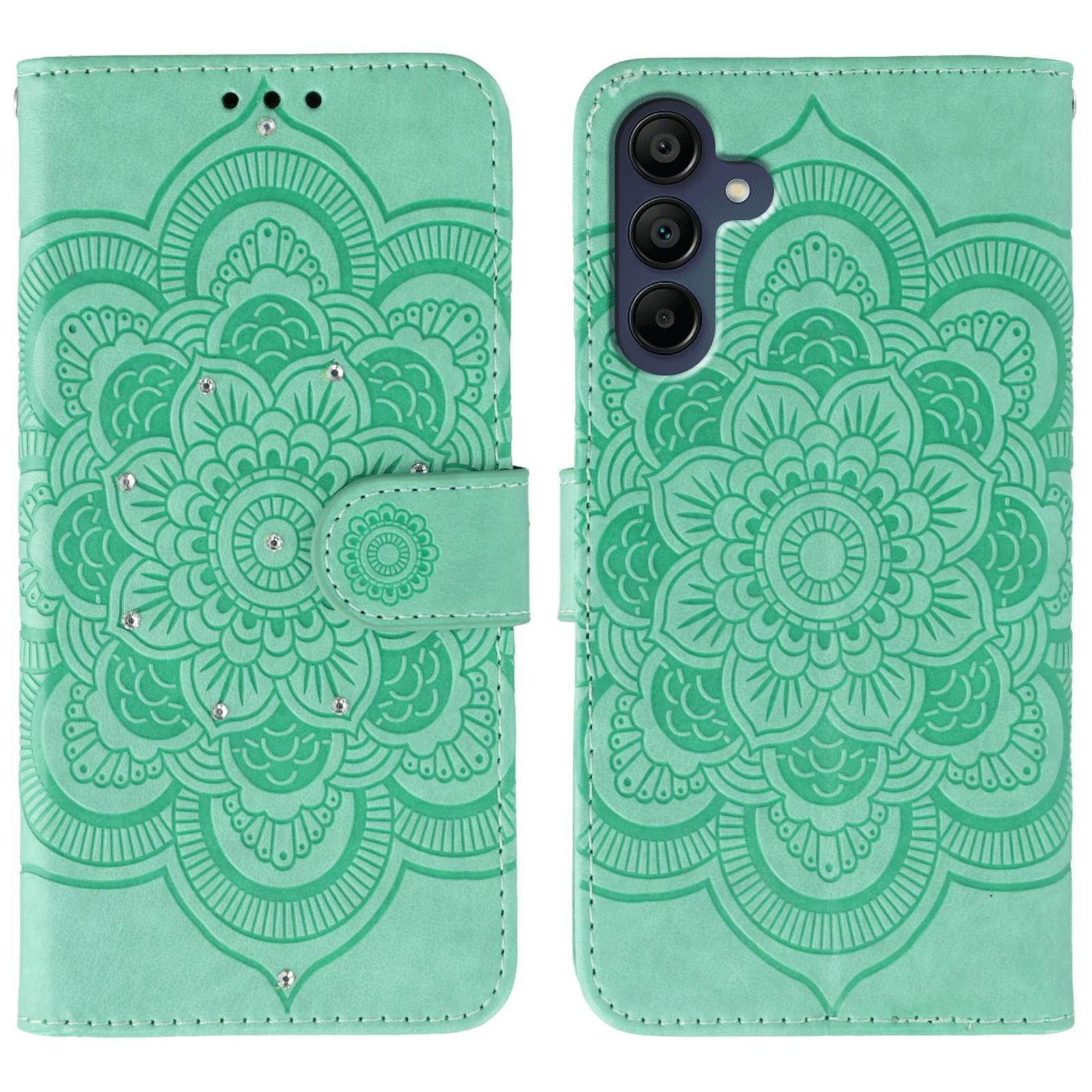 

For Samsung Galaxy A05s 4G Case Rhinestone Decor PU Leather Mandala Imprinted Design Phone Cover with Wrist Strap Green