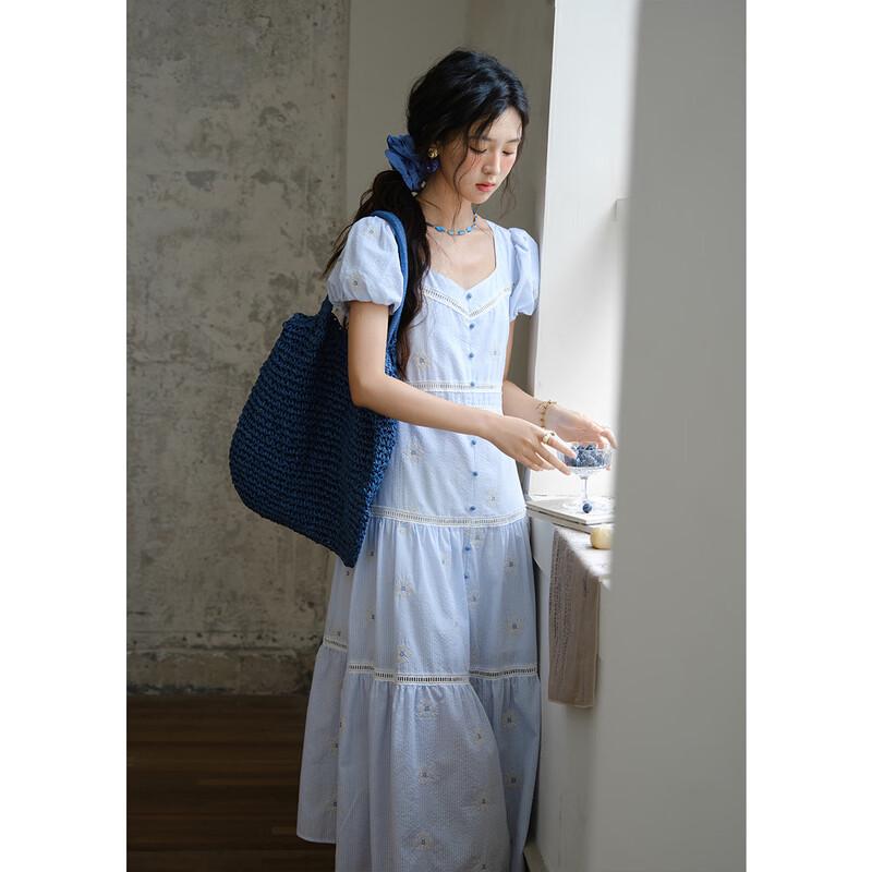 French Sweet Embroidered Puff Sleeve A-Line Dress