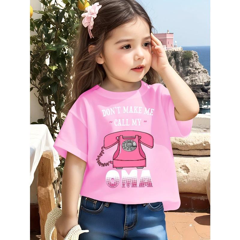 European Size Girls Round-neck Short-sleeved T-shirt with Cartoon Phone Pattern Print on The Front
