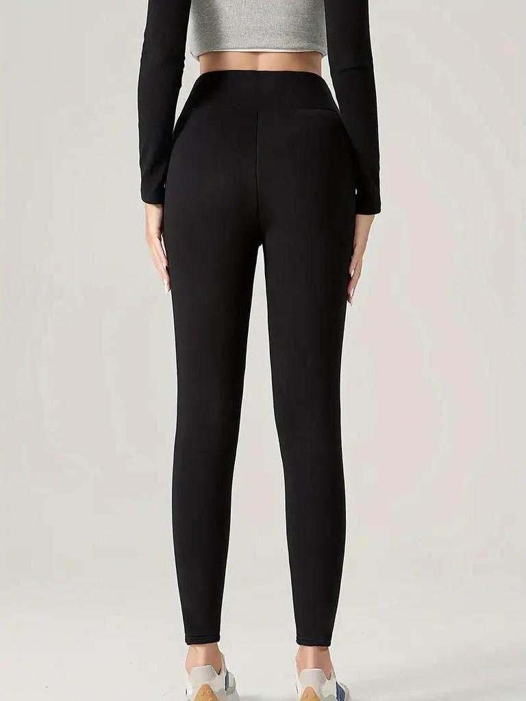 Colanți de damă cu talie înaltă căptușiți cu fleece și buzunare - Pantaloni sport calzi, subțietori