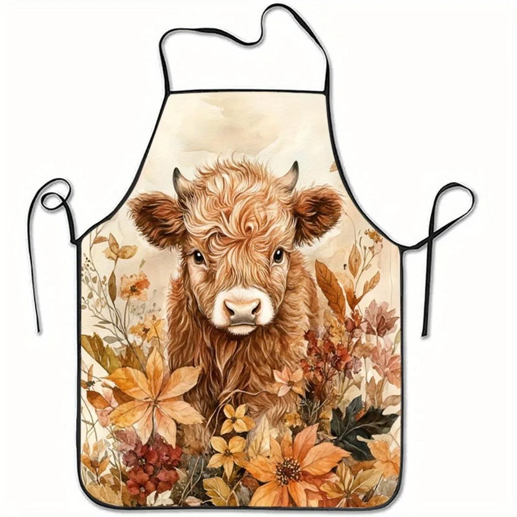 1pc Cute Highland Cow Calf Autumn Leaves Print Sleeveless Apron - Durable Polyester Kitchen Apron with Highland Cow Design