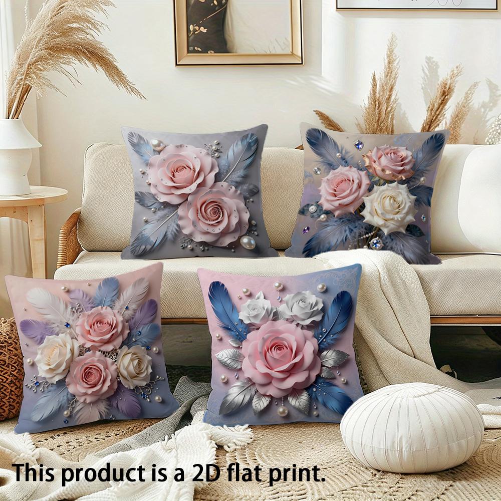 1/4pcs Floral Feather Embellished Pillow Covers Sofa Cushion Cover Home Bedroom Room Decoration