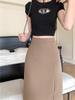 2026 New Plus Size High Waist Midi Slit Skirt - Light Mature A-line Design for Women