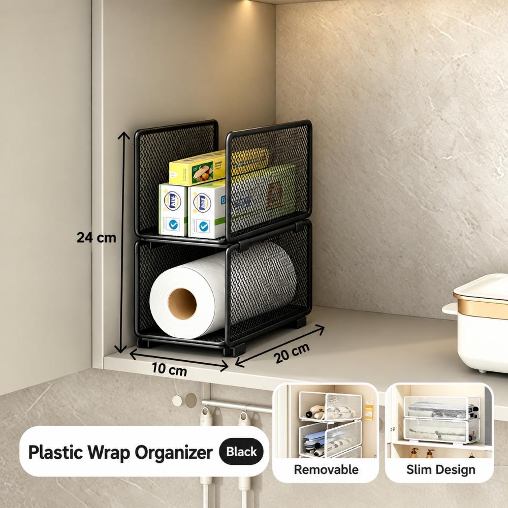 Stackable Kitchen Cabinet Organizer Rack, Iron Mesh Storage Shelf for Plastic Wrap, Paper Rolls and Boxed Supplies