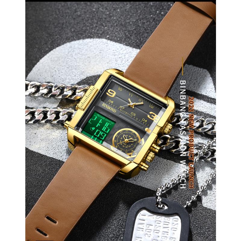 BINBOND Fashion Square Big Dial Wristwatch Three Display Quartz Watch for Men Multifunctional Sports Clock Male Wristwatch