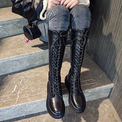 Long Boots Women's 2025 New British Style Lace-up Thick Heel Martin Boots But Knee Long Tube Internet Celebrity Thin Boots