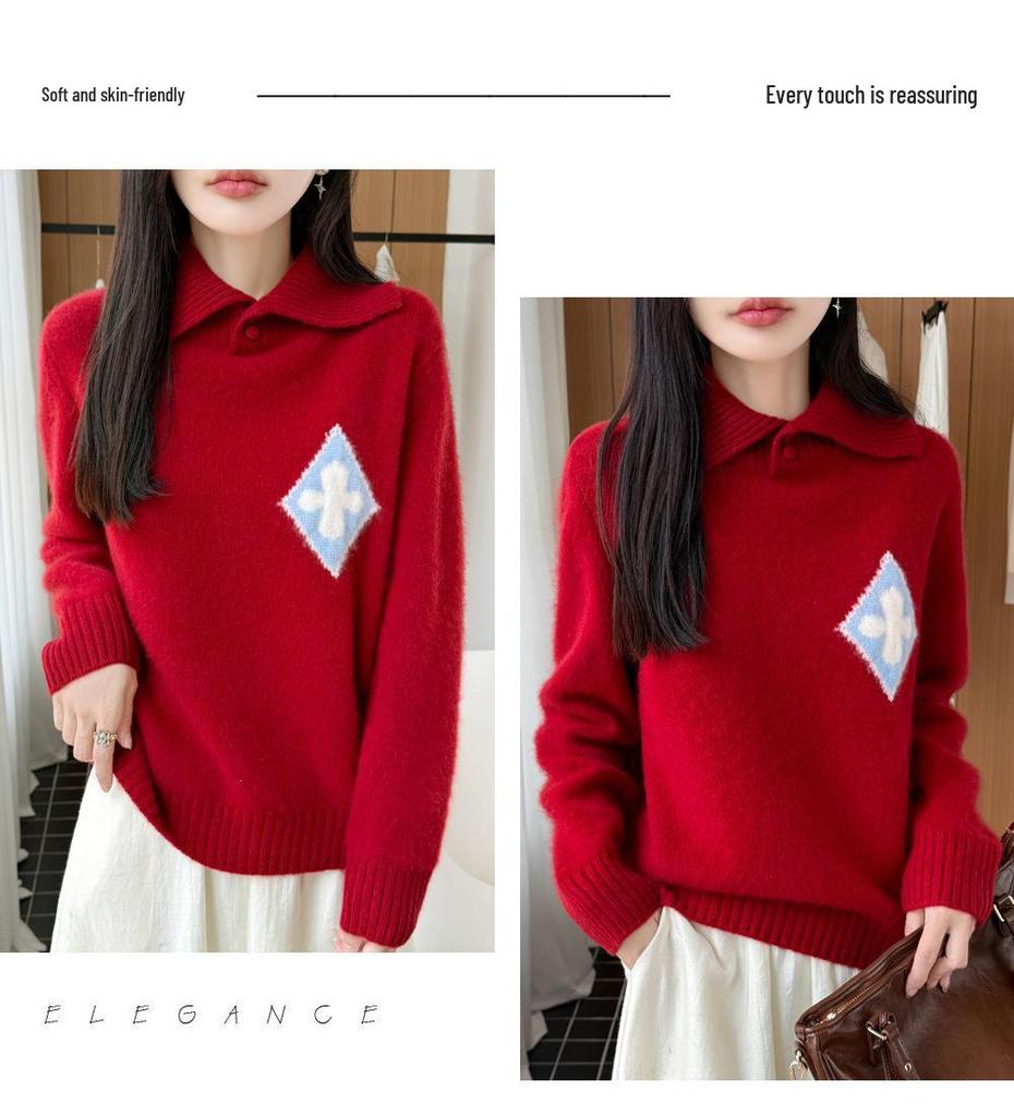 Women's Diamond Jacquard Wool Lapel Sweater - Thick, Warm, Long Sleeve Knitwear for Autumn/Winter