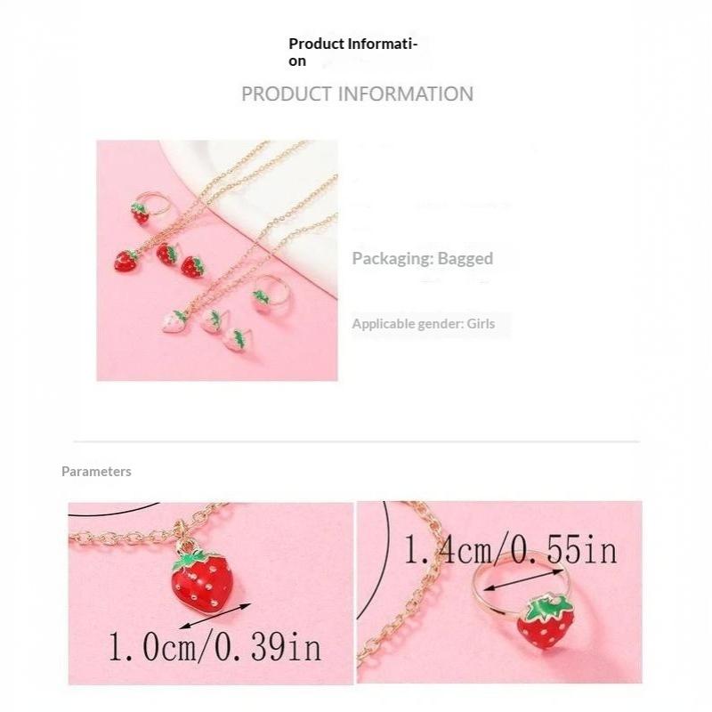 Kawaii Red Strawberry Enamel Jewelry Set 3Pcs Necklace Earrings Ring Hypoallergenic for Girls Party Wear Gifts