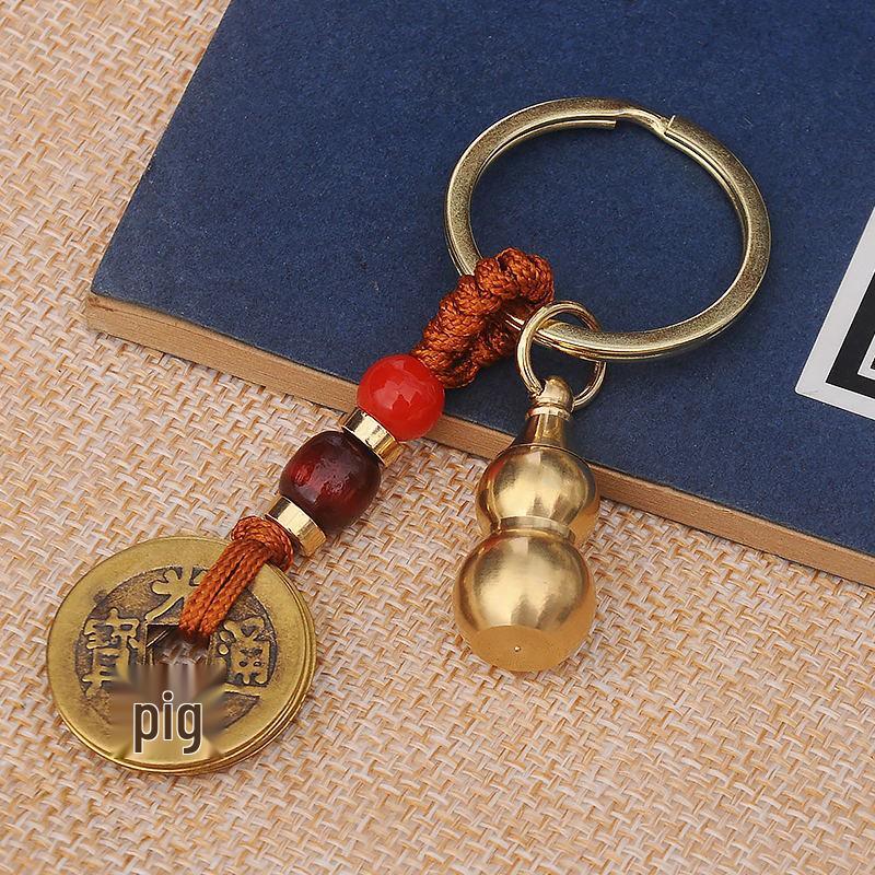 Zodiak Benming Buddha Nyckelring med Åtta Skyddsgudar & Fem Kejsarmynt Ihålig Kalebass Design