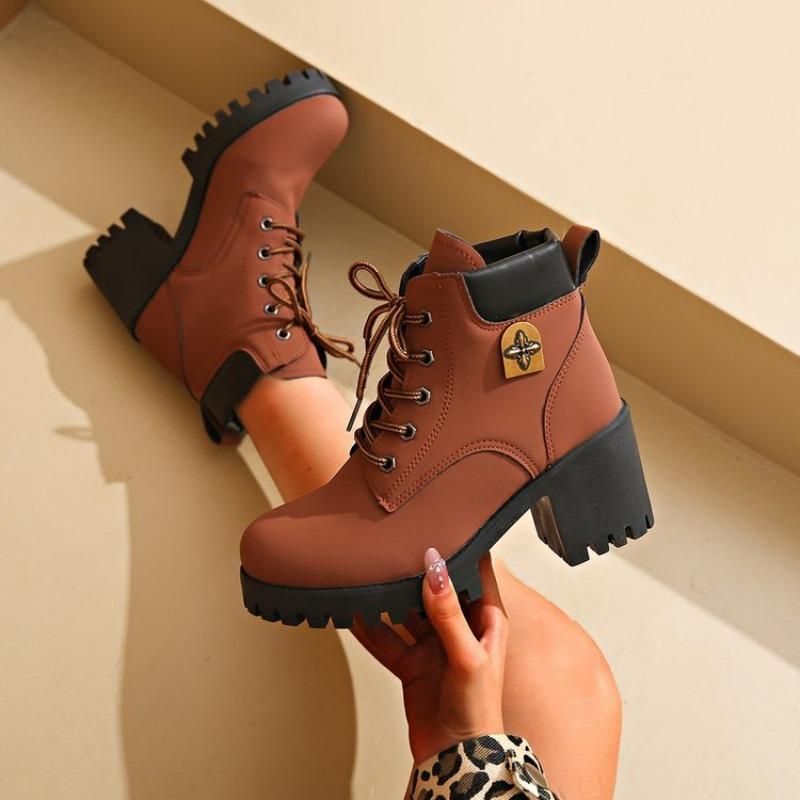 Dames Ankelstøvletter 2025Nye Snørestøvletter med Høye Hæler Mote Casual Lærstøvletter for Kvinner Tykk Hæl Plattformstøvlett Botas Mujer