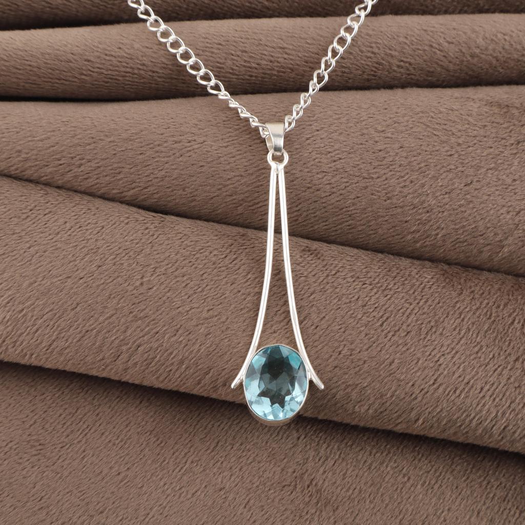 Sky Blue Topaz Gemstone 925 Sterling Silver Handmade Women's Jewelry Partywear Pendant 1.79" PP-69-13
