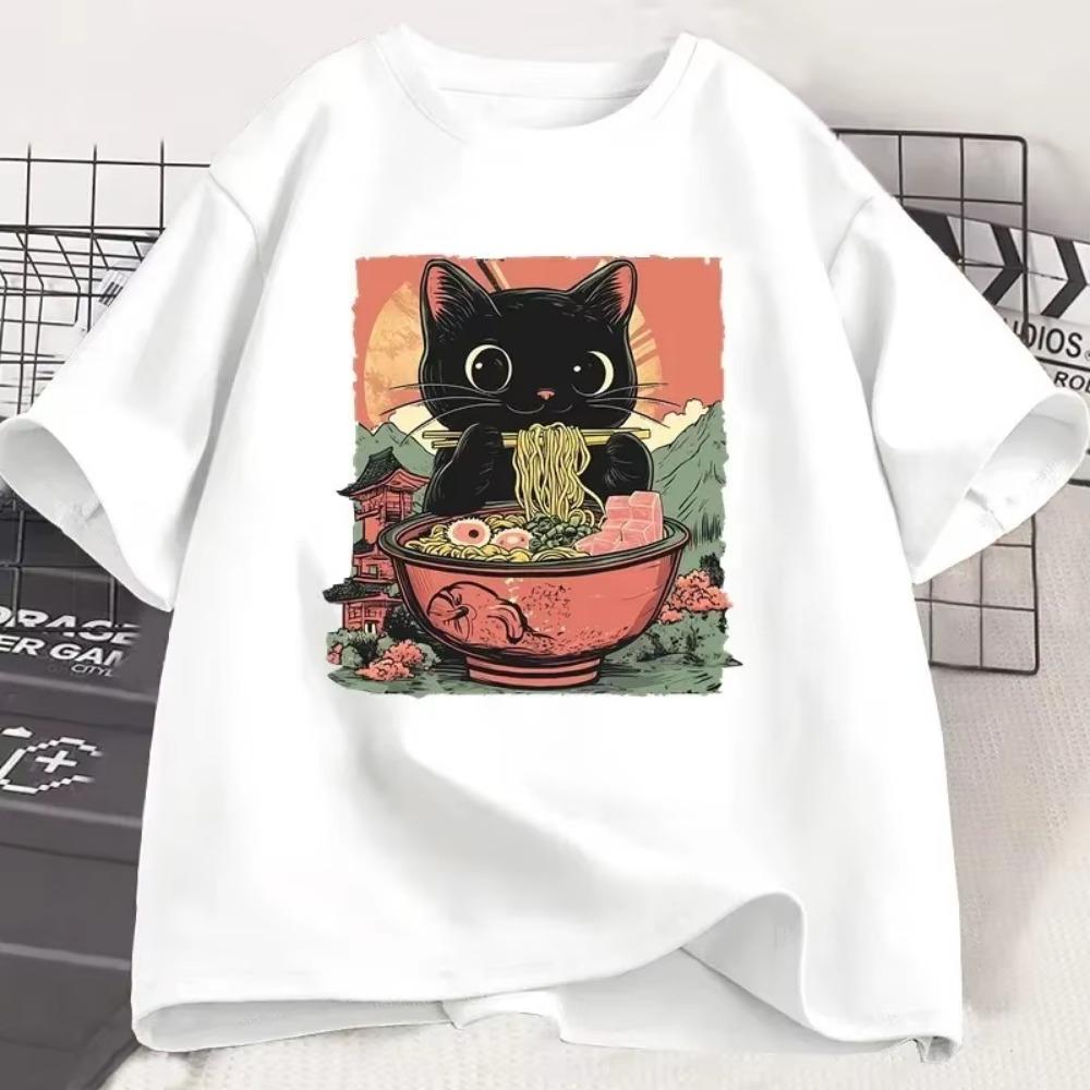Cute Eating Ramen T-Shirt Women Adorable Graphic Tee Shirt Foodie and Cat Lover Tshirt Animal Printed Tees Top