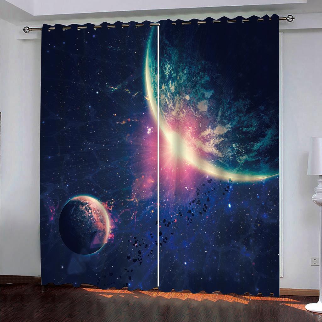 Children Like Starry Series Deluxe Living Room Bedroom Decoration Sunshade Curtain 2 Pieces of Hook Punch Hole