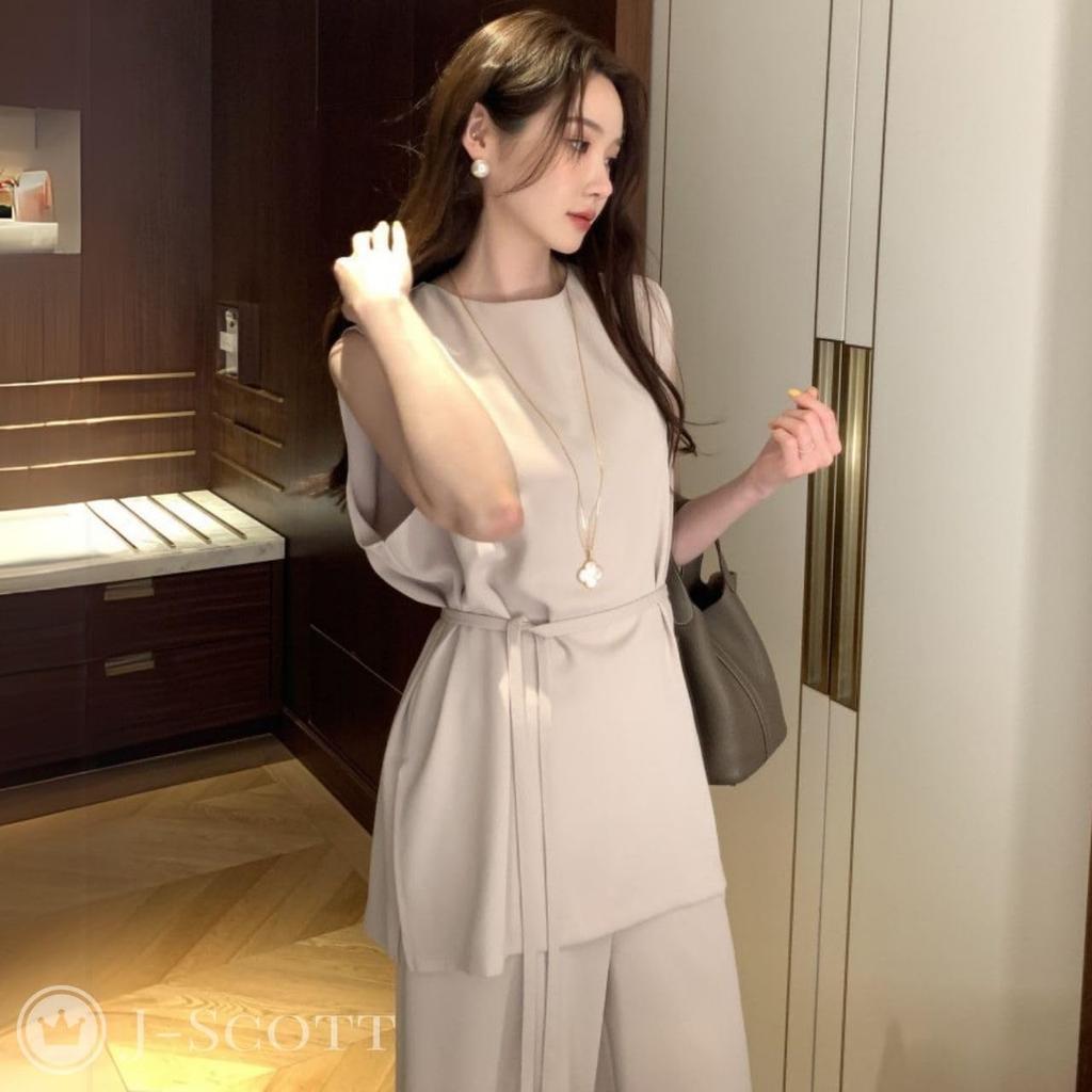 J-Scott Women's Sleeveless Wide-leg Pants Set, High-Waisted, Beautiful Silhouette, Chic, Beige, JS171-BG-M