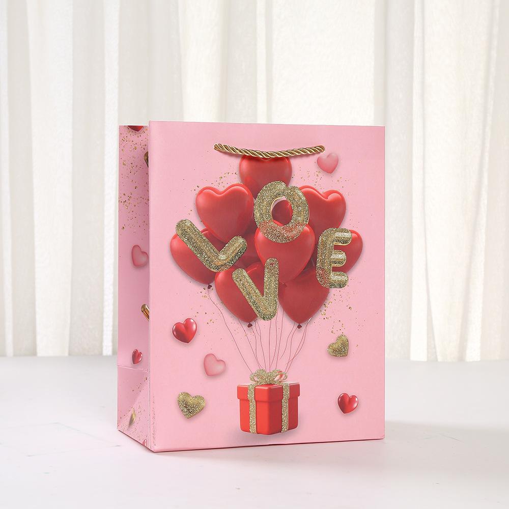 12pcs Valentines Day Gift Tote Bags Pink Hearts and Balloons Paper Present Bags Romantic Party Favor Shopping Bags