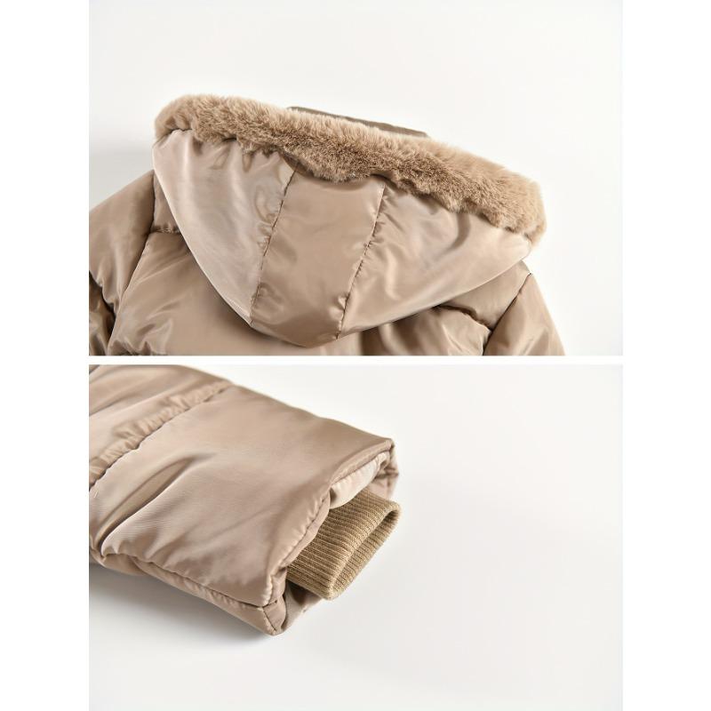 [Stylish Coat] Winter Coat | Stylish Girls' Parka with Faux Fur Hood, Heart-Shaped Diamond Pattern, Warm Mid-Length - Beige, Polyester