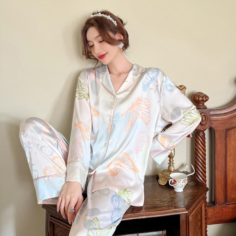 

Осенняя домашняя одежда с длинными рукавами Butterfly Ice Silk Пижама Женская тонкая домашняя одежда Осень и зима M