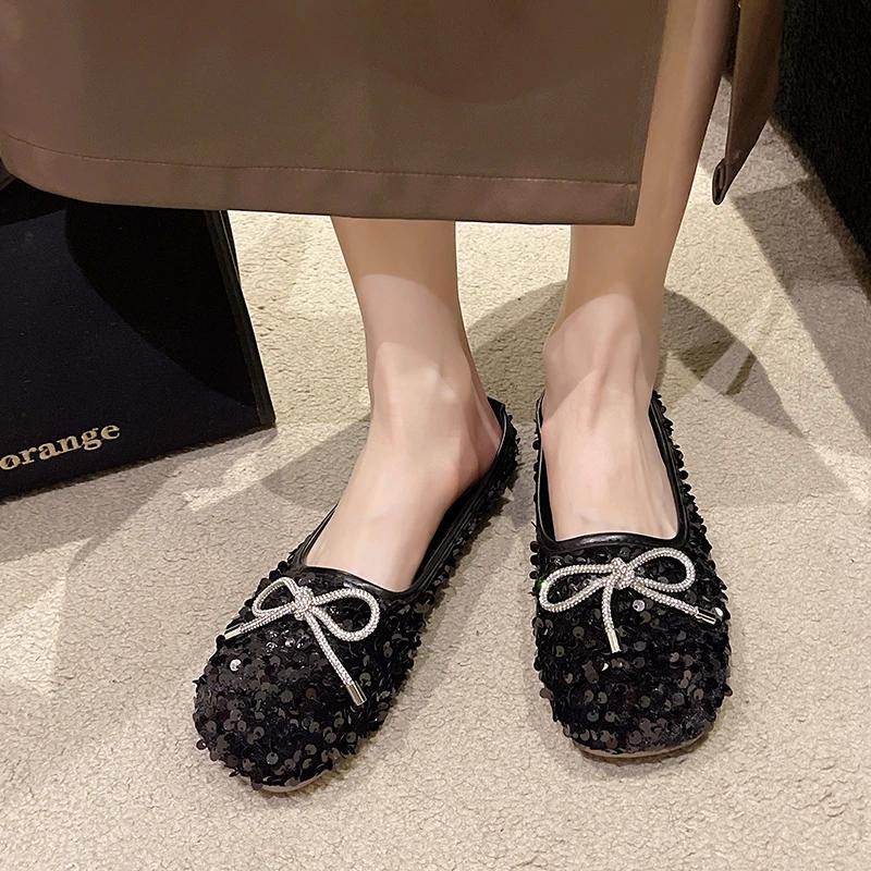 Elegant Women's Leather Shoes Comfort Autumn Casual Female Sneakers Square Toe Flats Comfortable Boat Moccasin Fall New Glitter