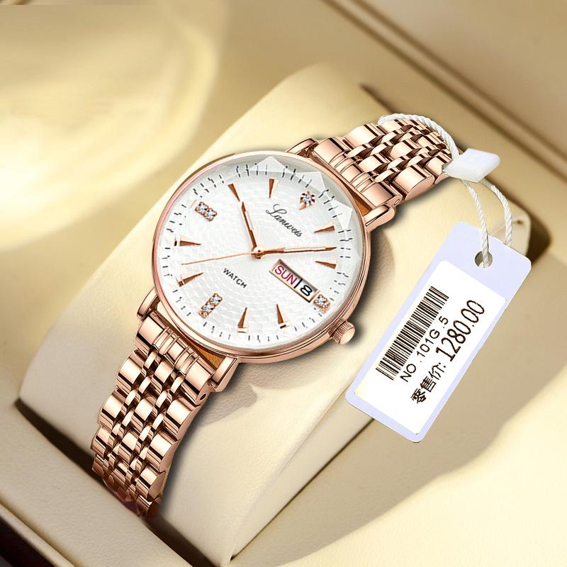 Swiss English-Chinese Women's Watch: Fashionable Butterfly Buckle, Luminous, Waterproof, Stainless Steel Band, Calendar Feature.