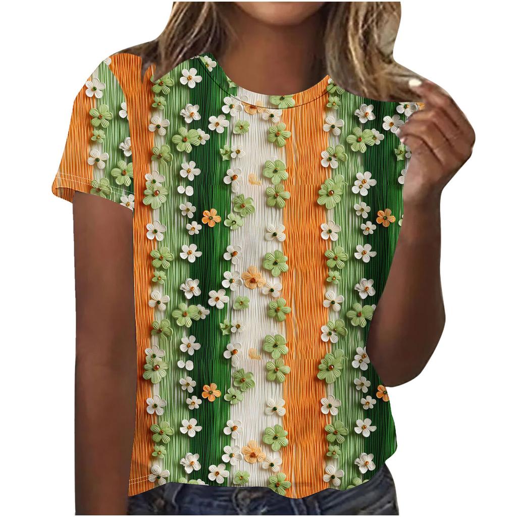 Cuello Redondo de Verano 3D St. Camisetas de Manga Corta Casuales de Moda para Mujer con Estampado Temático Verde del Día de San Patricio