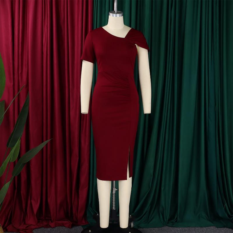 Women Fashion Elegant Solid High Waist Hip Wrap Short Sleeve Midi Dress