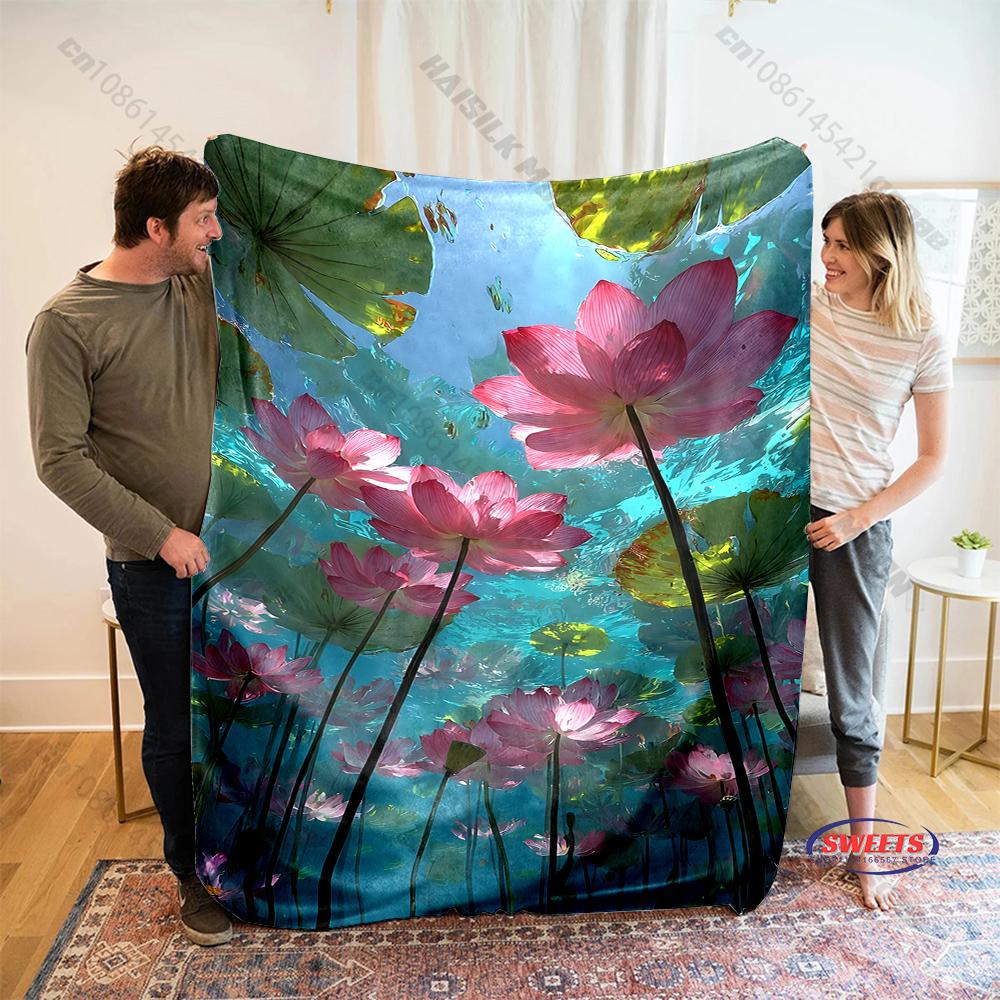 1PC Lotus Leaf Pattern Print Blanket Warm Soft and Comfortable Home Travel Blanket Sofa Bedding Cover Blankets Gift for Friends