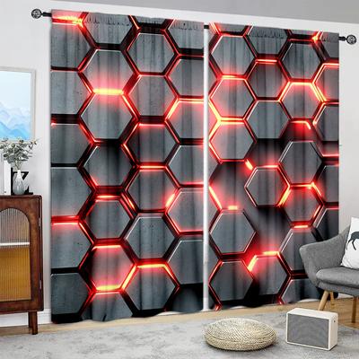 2pcs Abstract Red Hexagonal Texture Printed Curtain for Home Decor - Rod Pocket Window Treatment for Bedroom, Office, Kitchen