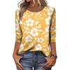 Damen Casual Dreiviertelarm Blumenprint Rundhalsausschnitt Oberteil Leichter Weicher Stoff Bequeme Passform Bluse für den Alltag