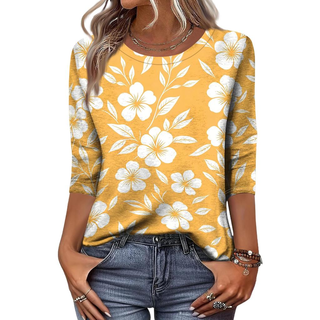 Damen Casual Dreiviertelarm Blumenprint Rundhalsausschnitt Oberteil Leichter Weicher Stoff Bequeme Passform Bluse für den Alltag