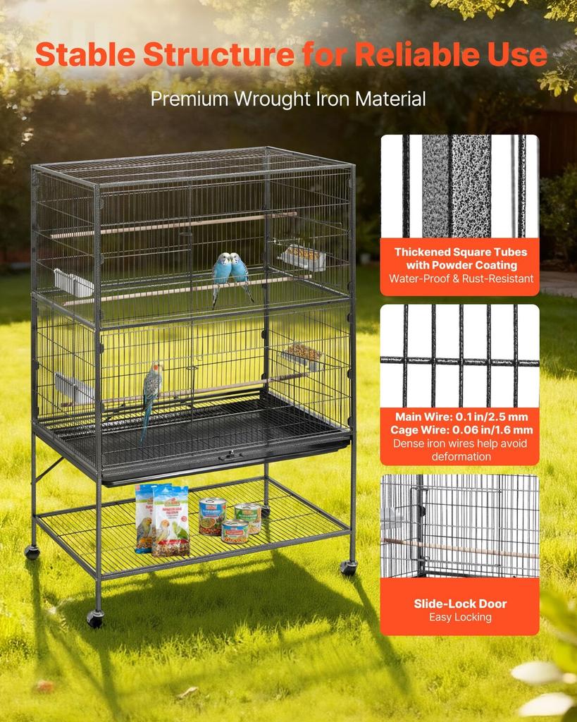 Bird Cage, 930 X 580 X 1510 Mm, Flat Top, Wrought Iron Bird Flight Cage with Perches, Slide-Out Tray and Plastic Feeders, for Blue Tit, Cockatiel,