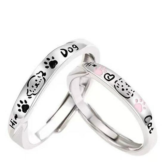 Cartoon Pet Couple Rings for Him and Her: Cute Kitten & Puppy Design, High-End Student Style