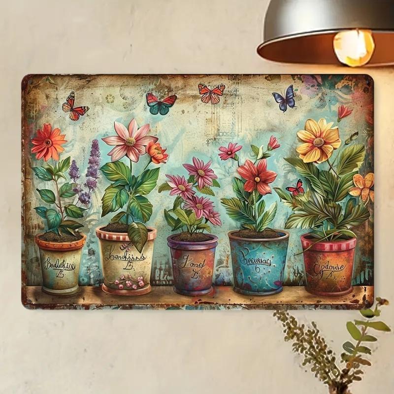 Charming Vintage Garden Metal Sign - Rustic Potted Plants & Colorful Flowers Design, Durable Iron Wall Art for Home Office Decor