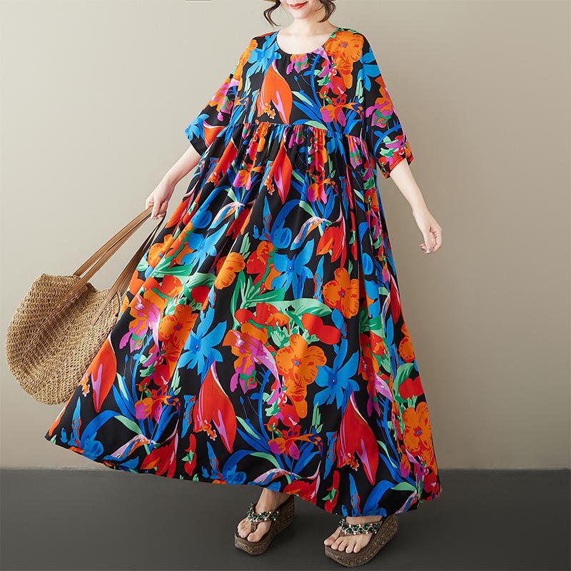 Short Sleeve Plus Size Cotton Vintage Floral New In Dresses for Women Casual Loose Long Summer Dress