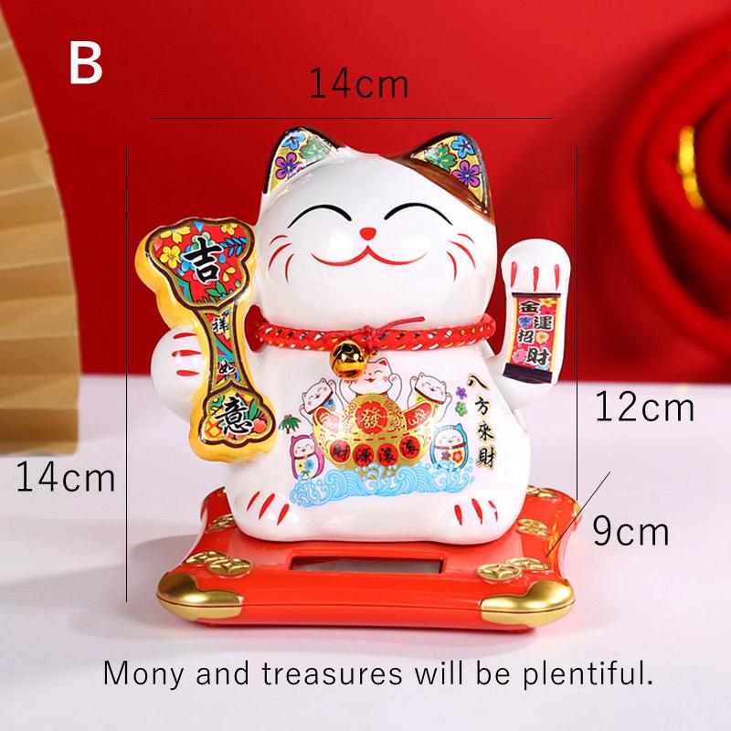 5.5 Inch Ceramic Maneki Neko Statue Solar Powered Beckoning Cat Waving Hand Lucky Cat Ornament Car Desktop Decoration Kitten